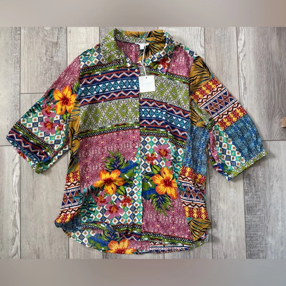 ✨NWT- Cynthia Rowley Floral Boho Pattern Patchwork 3/4 Sleeves Button Down 2X - Picture 5 of 9